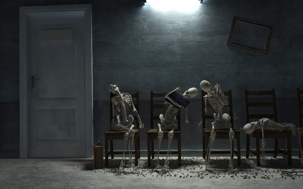 skeletons waiting in line