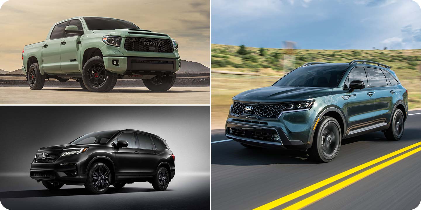 Photo collage of cheapest SUVs and trucks to insure