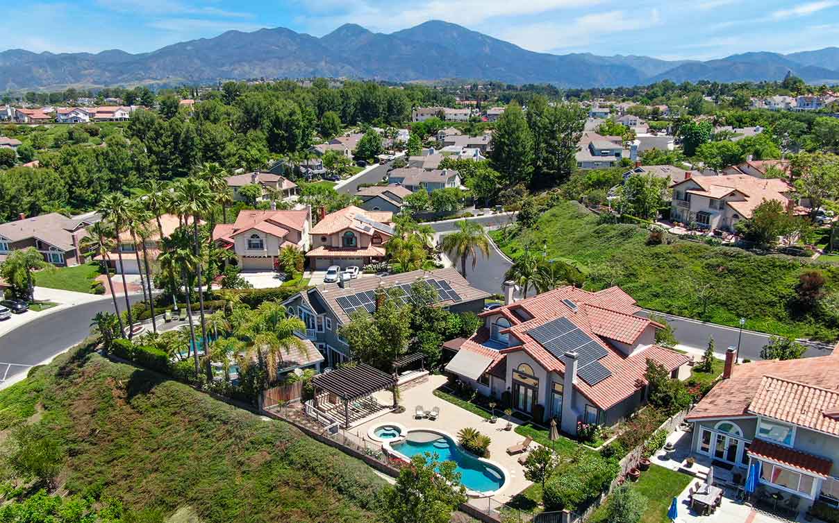 Aerial view of California house and backyard