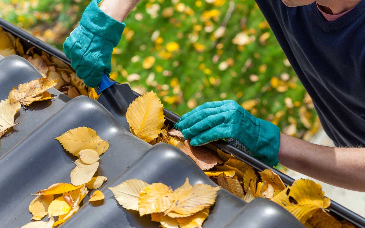 Homeowner cleaning leaves from gutters