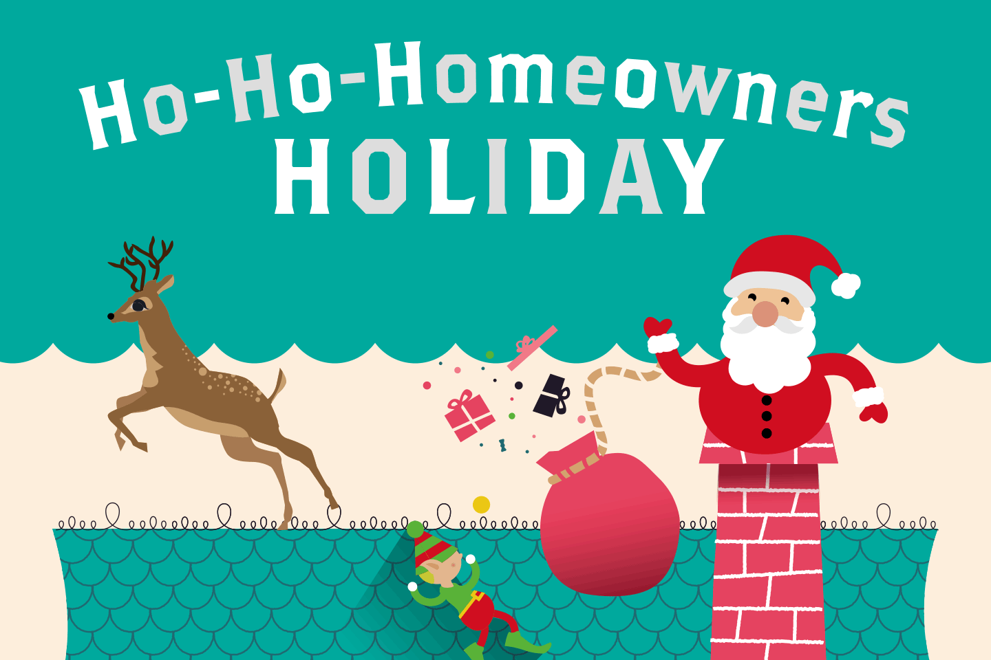 Homeowners holiday graphic with Santa on roof of house