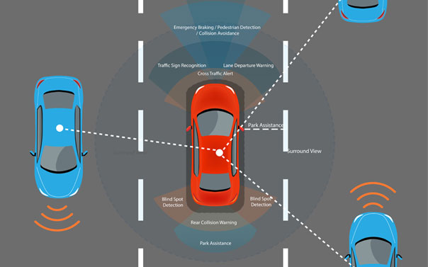 illustration of a self driving car communicating with other self driving cars