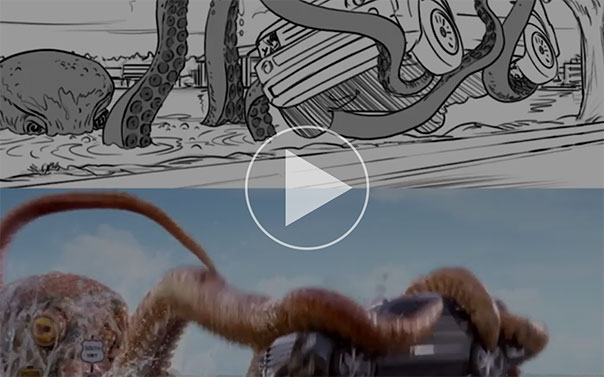 drawing of a Kraken eating a car above a video of a kraken eating a car