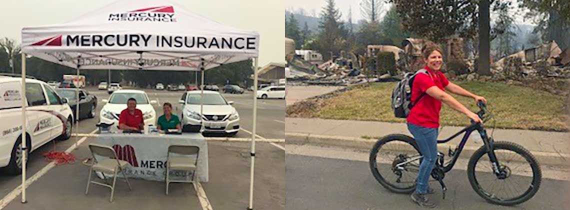 Carr Fire evacuation center and Mercury employee on a bike inspecting damage