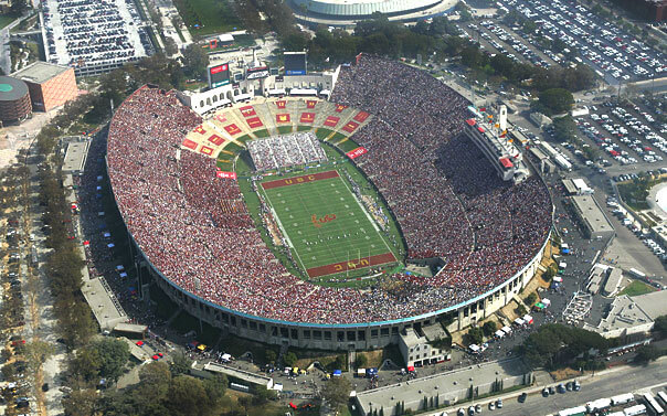aerial view of the the los angeles colliseum stadium