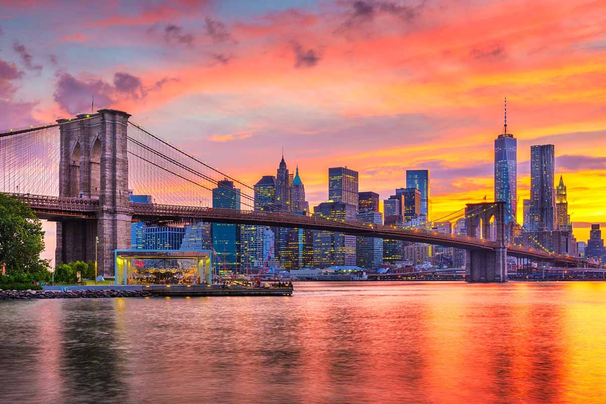 Colorful Manhattan Skyline and Brooklyn Bridge