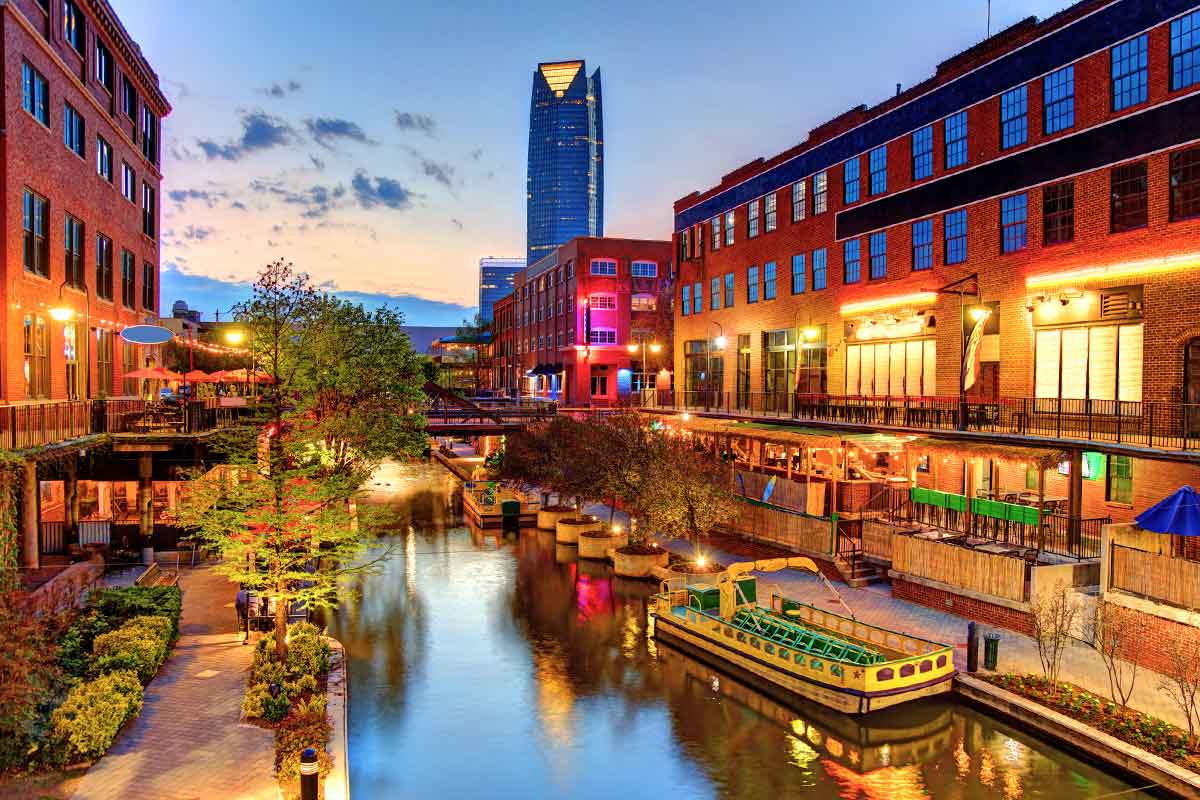 Evening view of the Bricktown Canal in Oklahoma City