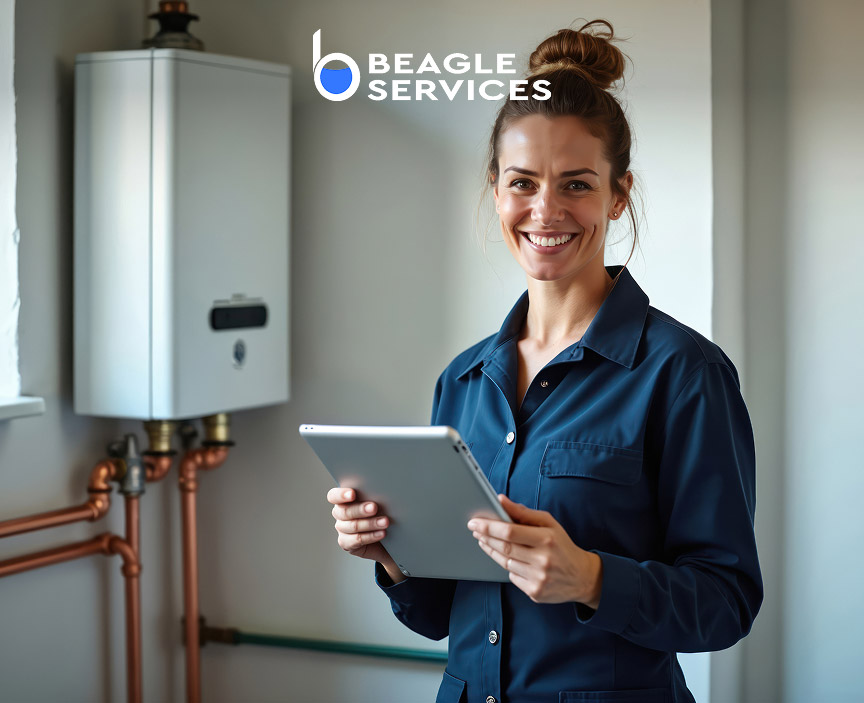 Beagle Services technician inspecting home water heater and plumbing.