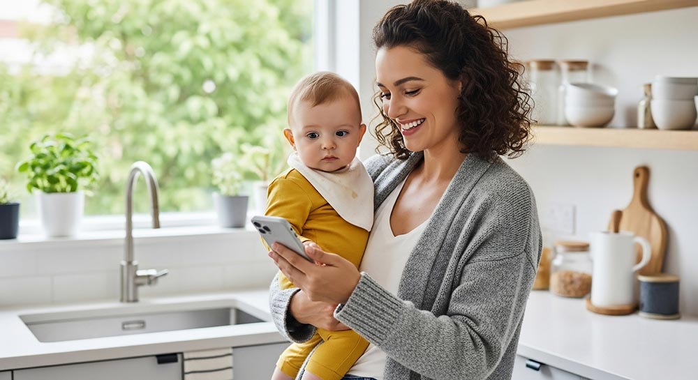 Parent using a leak detection app at home while holding baby.